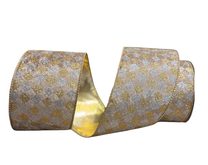 4x10 yard velvet harlequin ribbon in silver and gold