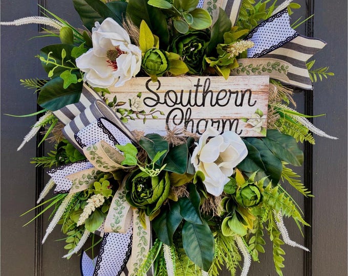 Everyday Magnolia Wreath with Southern Charm Sign | Farmhouse Front Door Wreath | Greenery Magnolia Wreath | Year Round Door Decor