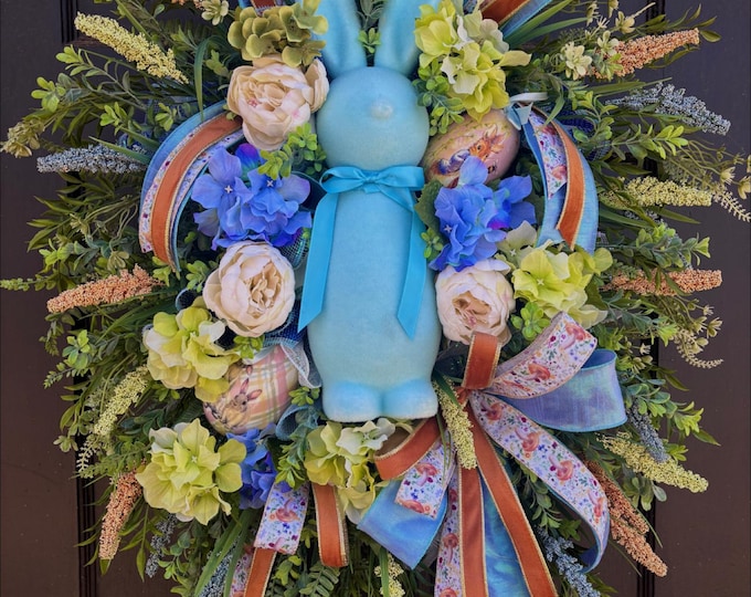 Bunny Wreath | Spring Bunny Door Wreath | Pastel Easter Front Door Decor | Blue Bunny Wreath | Handmade Easter Decor