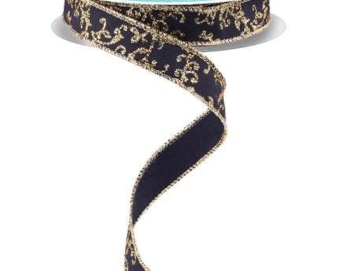 5/8" Glitter Mini Leaf Vines: Navy Blue, Gold (10 Yards)