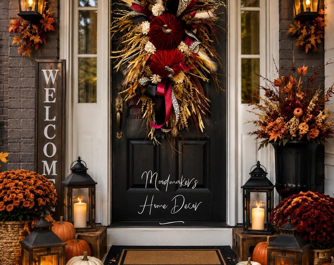 Luxury Fall Pumpkin Swag Wreath | Velvet Pumpkin Door Hanger | Burgundy & Rust Autumn Front Door Decor | Farmhouse Fall Porch