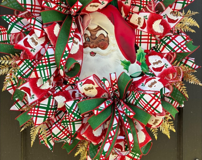 African American Black Santa Wreath, Holiday Front Door Decor, Christmas Wreath with Santa Claus,  Festive Winter Home Decoration
