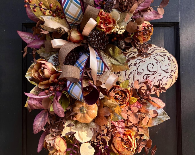 Fall Pumpkin Wreath for Front Door, Burgundy Autumn Wreath, Thanksgiving Door Decor, Large Floral Wreath, Farmhouse Fall Decor