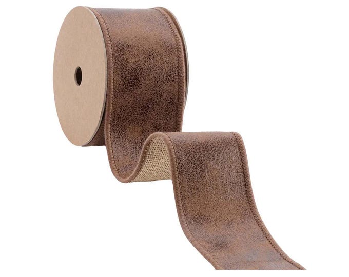 2 1/2" Wired Leather Ribbon | Brown w/ Jute Backing | 10 Yard Roll