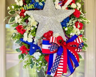 Patriottische krans voor de voordeur, Fourth of July decor, Memorial Day decor, veranda decoratie, patriottische decoratie, Americana decor