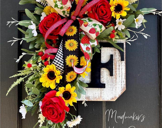 Personalized Initial Door Hanger, Sunflower Strawberry Wreath, Custom Letter Door Decor, Summer Front Door Hanger, Farmhouse Floral Door Dec