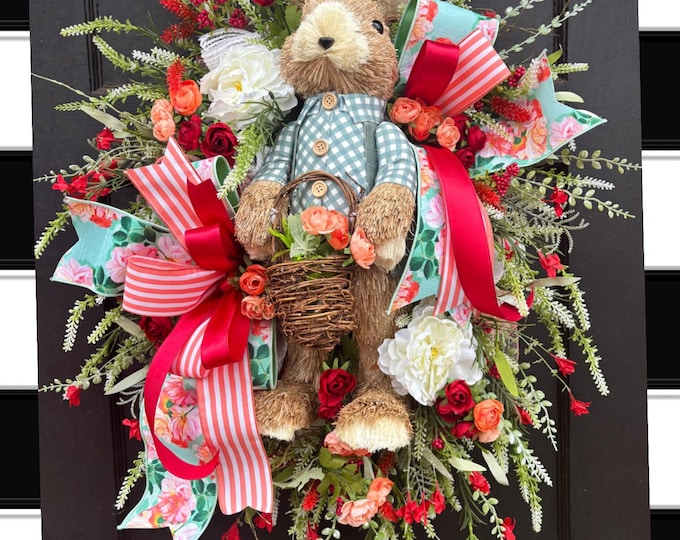 Easter Bunny Designer Wreath – Spring Floral Front Door Decor with Plush Rabbit & Red Roses