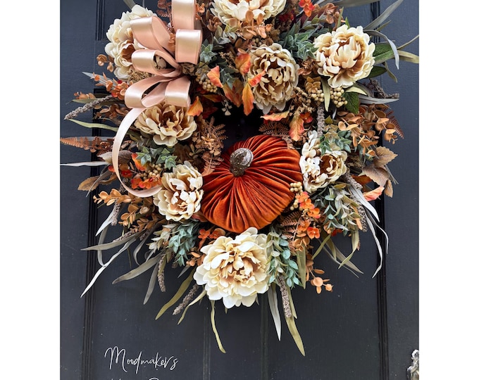 Fall Wreath with Eucalyptus, Peonies, Velvet Pumpkin, Autumn Front Door Decor , Thanksgiving & Farmhouse Style Wreath