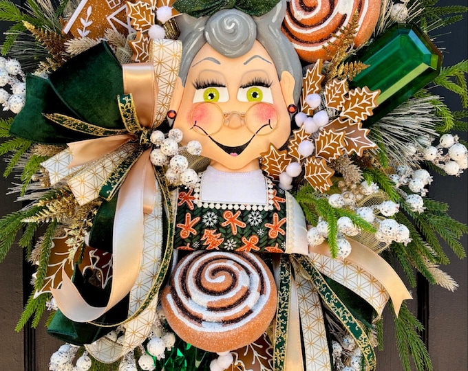 Gingerbread Mrs. Claus Christmas Wreath | Holiday Bakery Door Decor | Green & Gold Velvet Ribbon | Moodmakers Home Decor