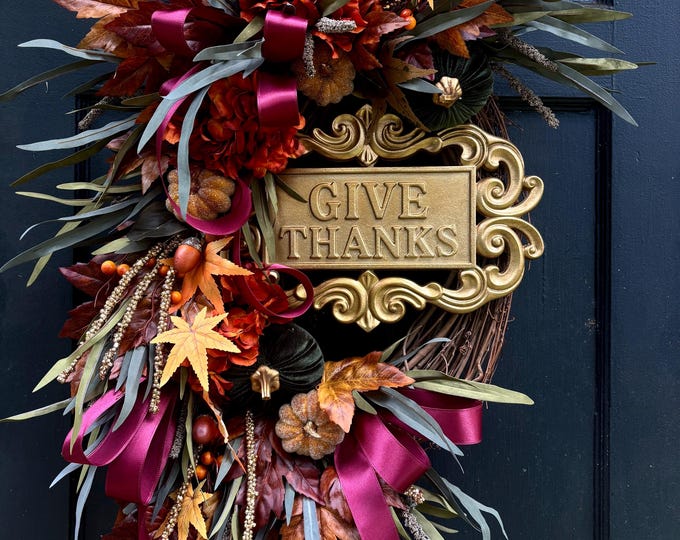 Luxury Give Thanks Fall Wreath | Thanksgiving Front Door Wreath | Burgundy Autumn Grapevine Wreath | Pumpkin Harvest Door Decor
