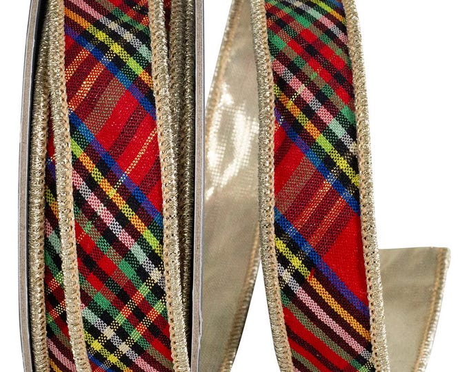 Classic plaid diagonal stripe and gold ribbon 7/8 x 10 yard