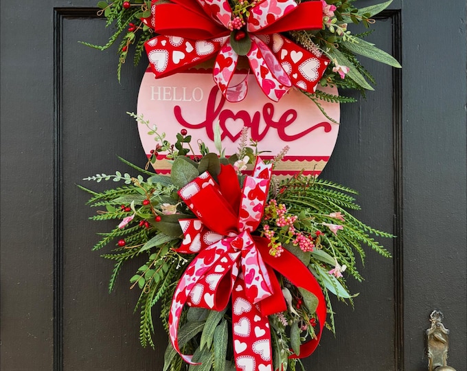 Valentine’s Day Doorhanger Swag | Hello Love Door Decor | Valentine Front Door Swag | Heart Ribbon Door Hanger | Romantic Entryway Decor