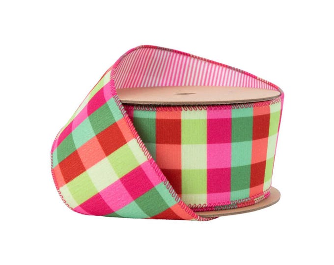 2 1/2" Velvet Ribbon | Florescent Pink/Green Plaid w/ Pink Stripe Backing | 10 Yard Roll