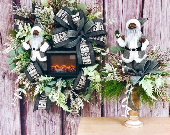 Black Santa , Christmas wreath, Christmas centerpiece set, winter decorations, front door wreath, table decoration