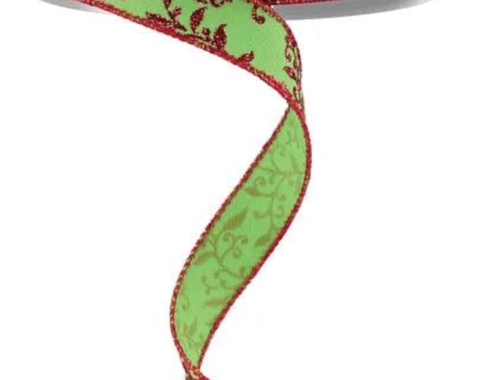 5/8" x 10yd Glitter Mini Leaf Vines- Lime Green/Red-RGF1393W1