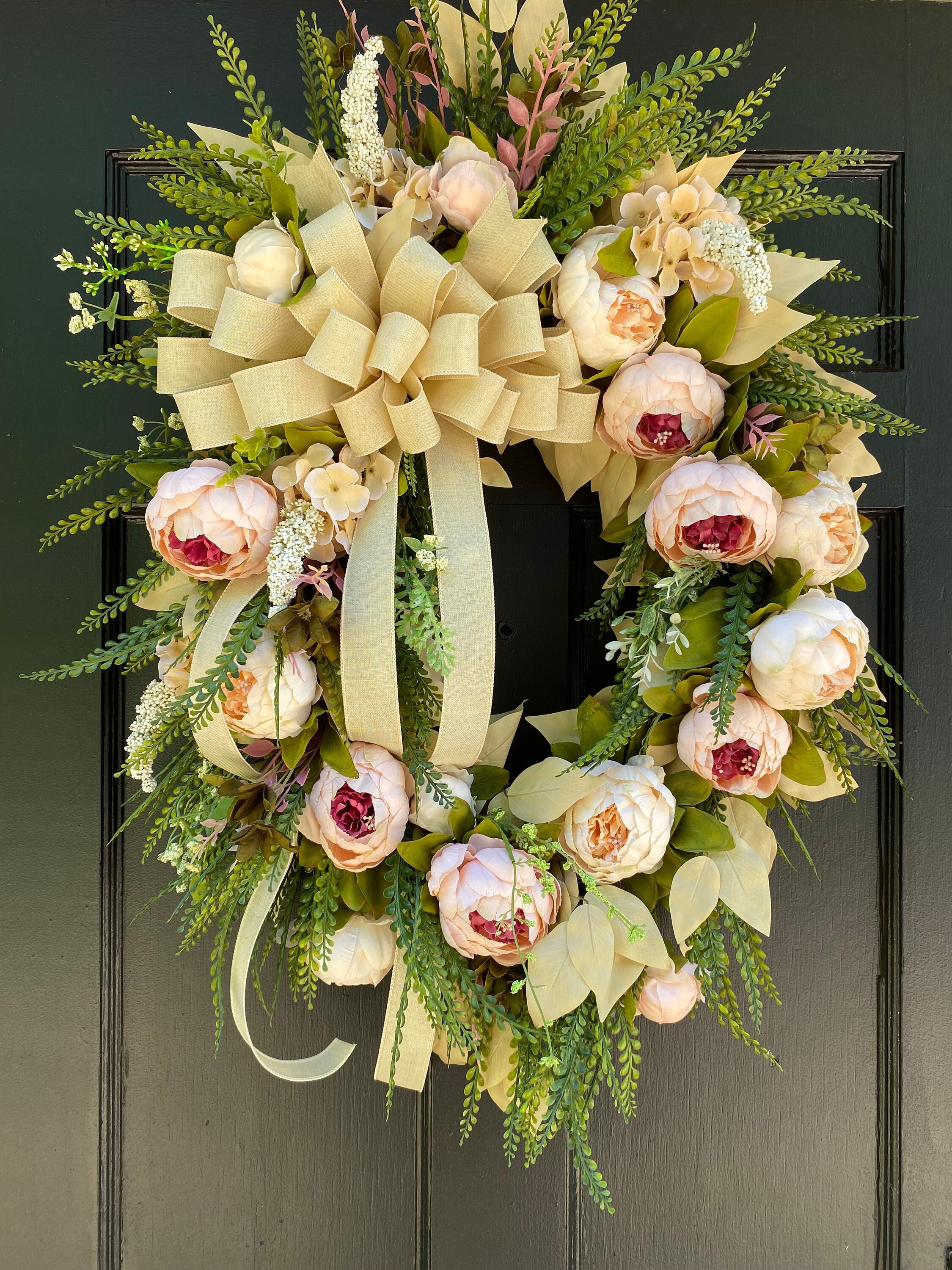 Spring and Summer Peony Wreath, Front Door Decor | Pink Peony and Lambs Ear Easter Door Hanger,Mother's Day Gift