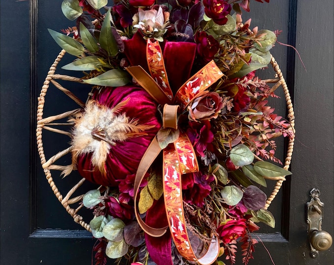 Boho Fall Door Hanger | Velvet Pumpkin Door Wreath | Burgundy Autumn Front Door Decor | Rustic Bohemian Fall Floral Hoop Wreath