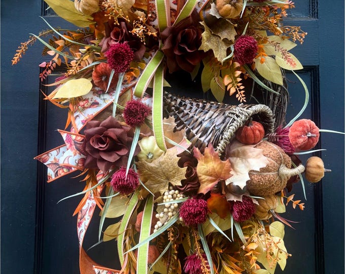 Fall Thanksgiving Cornucopia Wreath, Harvest Door Wreath, Pumpkin Cornucopia Decor, Autumn Front Door Wreath, Farmhouse Fall Decor