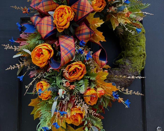 Large Moss Wreath with Designer Ribbon and Fall Florals - Autumn Home Decor