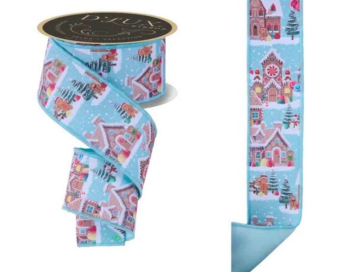 2.5" Double Sided Fused Gingerbread Village Ribbon: Light Blue (10 Yards)