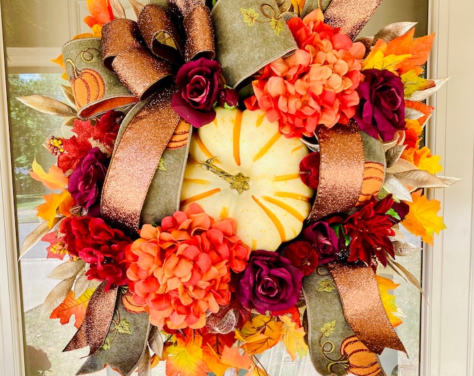 Fall Pumpkin Glam Traditional Wreath, floral wreath, autumn,
