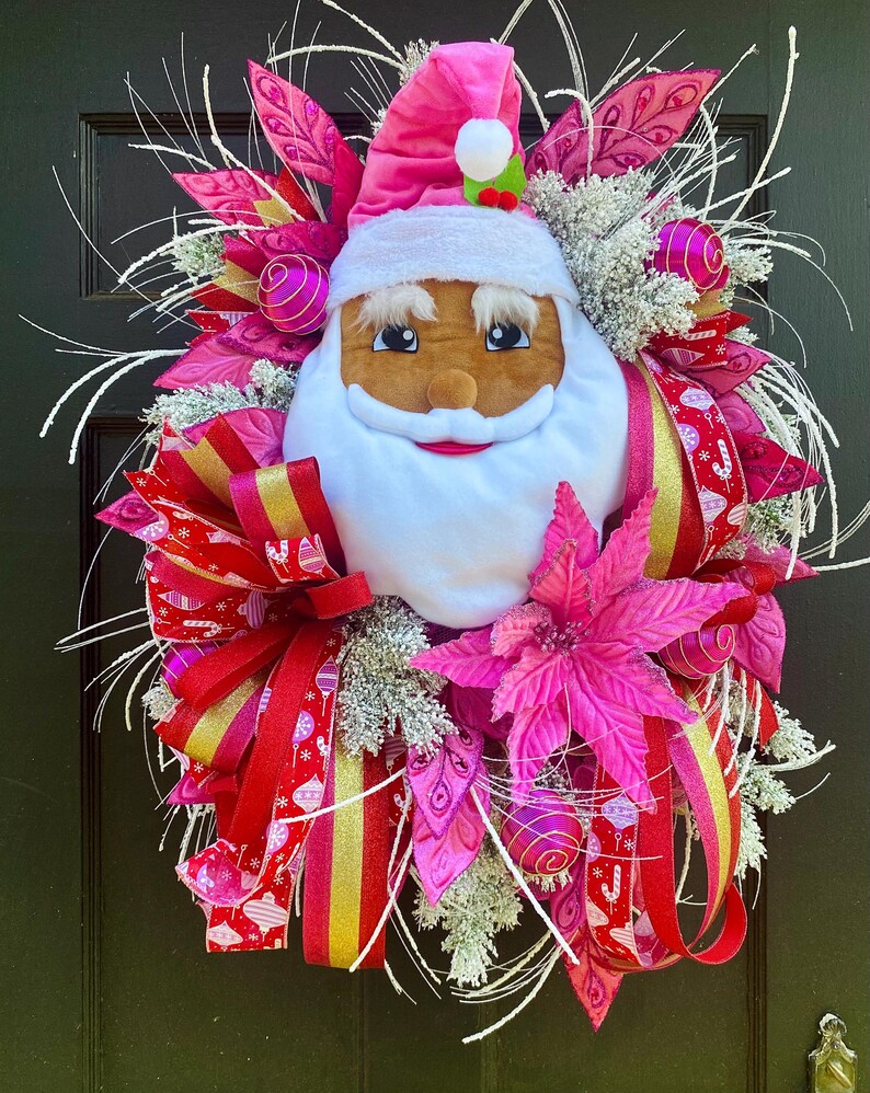 Christmas Wreath, Pink Christmas, African American Santa, Wreath Etsy