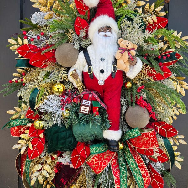 African American Santa Christmas Wreath – Luxurious Red, Green & Gold Holiday Door Decor