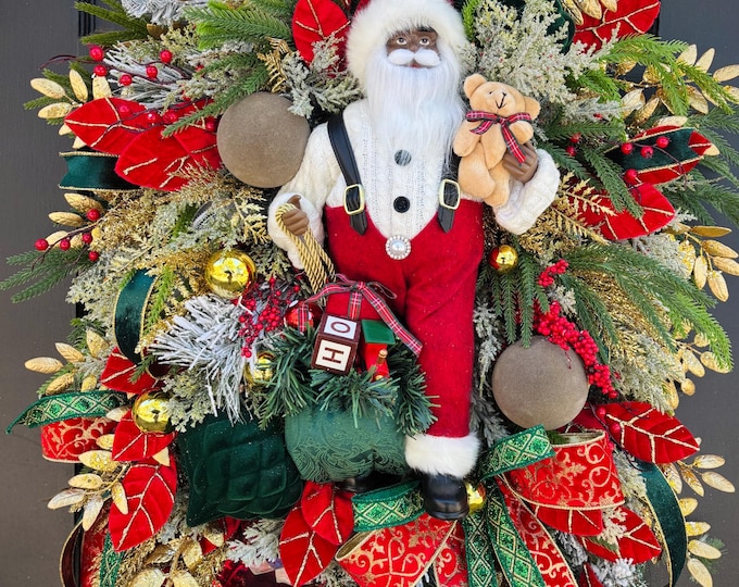 African American Santa Christmas Wreath – Luxurious Red, Green & Gold Holiday Door Decor
