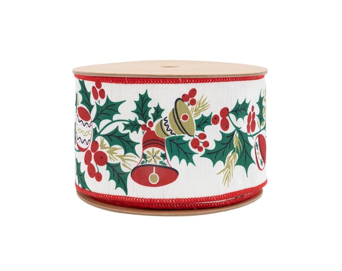 4" Wired Ribbon | Vintage Holly and Bells on Off-White | 10 Yard Roll