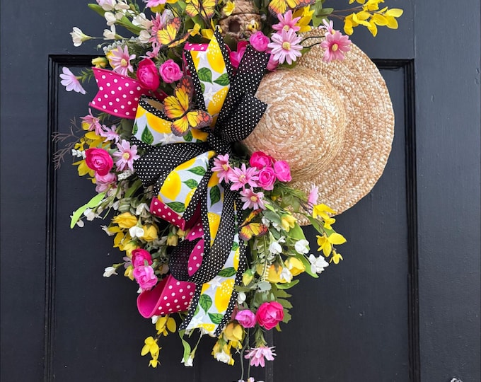 Spring Floral Hat Wreath – Lemon & Pink Butterfly Door Hanger | Cottagecore Wall Decor | Summer Front Door Wreath