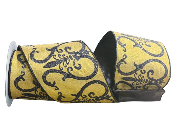 4”x10yd black and gold scroll ribbon with black metallic backing