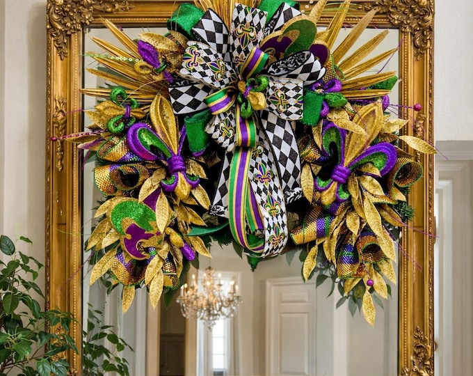 Mardi Gras Mirror Swag – Luxe Fleur-de-Lis Door Swag | Purple Green Gold Carnival Decor | New Orleans Mardi Gras Front Door