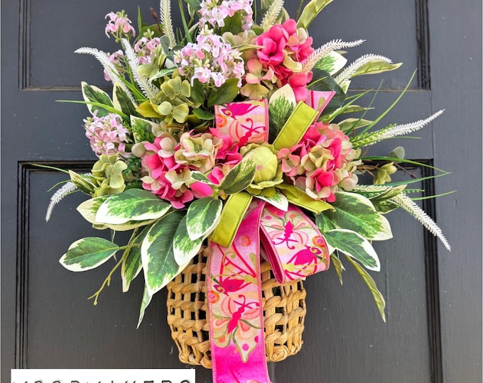 Spring Hanging Basket Door Decor, Pink Hydrangea Floral Basket, Front Door Wreath Alternative, Everyday Spring Door Hanger, Cottage Farmhous