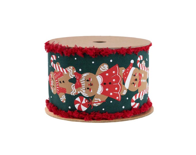 2 1/2" Wired Ribbon | Gingerbread Man/Candy Cane with Fuzzy Edge | 10 Yard Spool