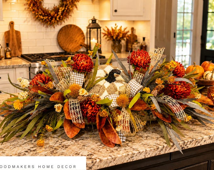 XL Fall Dough Bowl Centerpiece | Pumpkin Floral Arrangement | Autumn Table Decor | Thanksgiving Centerpiece | Farmhouse Decor