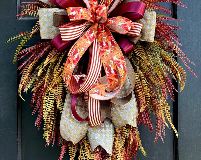 Large Fall Beaded Grass Fern Wreath, Autumn Front Door Wreath, Burgundy Gold Fall Door Hanger, Thanksgiving Porch Decor