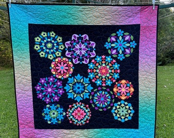 Applique Look quilt in a kaleidoscope of vibrant colours. Multi coloured quilt. Throw Rug. Lap quilt.