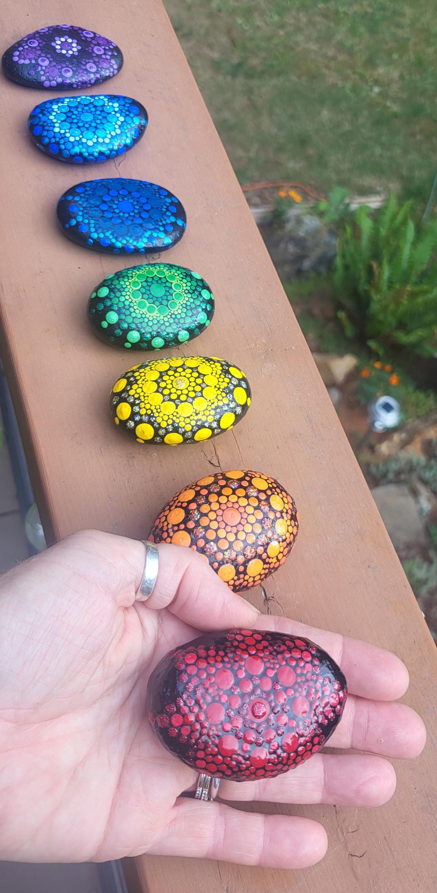 Spiritual Rainbow Rocks Set of 7 Rainbow Mandala Painted Rocks, Sparkly Chakra Stones - Etsy
