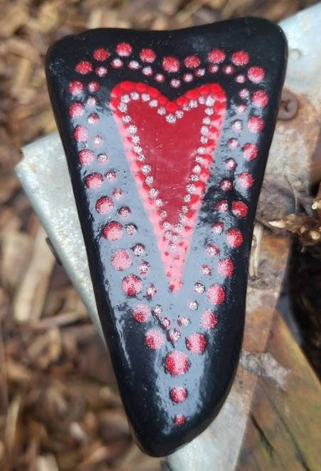 Triangular Painted Rocks A Smooth, Triangle Shaped River Rock Painted With Red and Silver ...