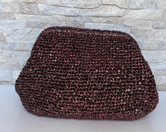 Metallic Raffia Crochet Clutch Bag, Brown Sparkle Woven Bag, Cloud Clutch Bag, Women's Fashion, Evening Pouchette Bag, Voluminous Bag