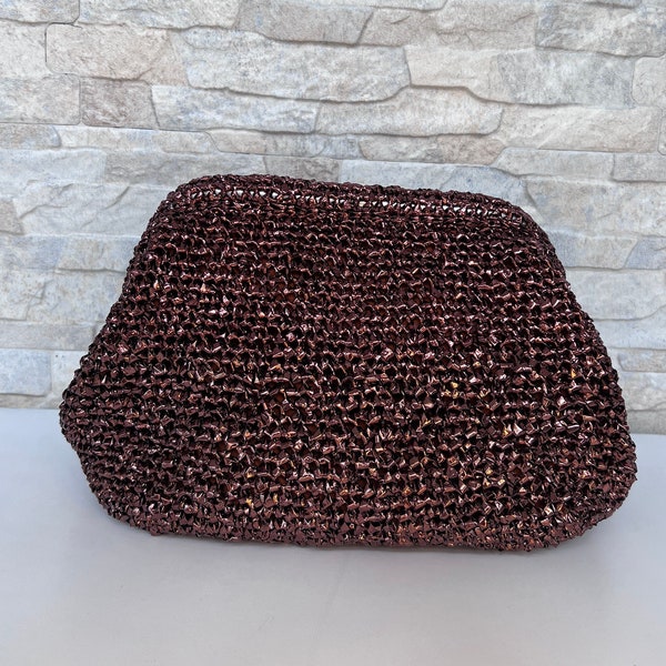 Crochet Metallic Raffia Clutch Bag, Brown Cloud Bag,  Voluminous Bag,  Evening Pouchette Bag, Mother's Day Gift