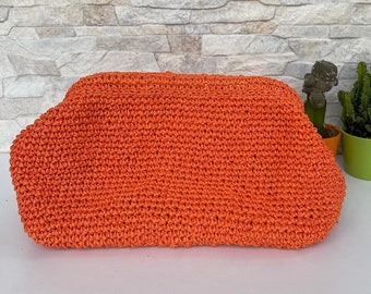 Bolso clutch de rafia, bolso naranja, bolso nube, bolso boho, bolso de playa, bolso de verano de paja, bolso de ratán, bolso tejido a mano, regalo del día de la madre