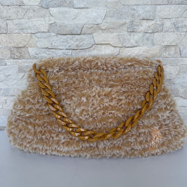 Mustard Color Fluffy Knitted Bag, Teddy Woven Clutch, Winter Faux Fur Soft Bag, Cloud Bag with Strap, Gift for Her/Mom, Christmas Gifts