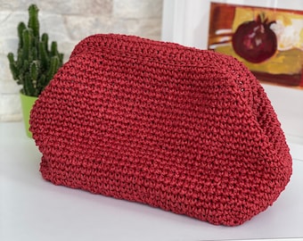 Red Color Raffia Clutch Bag, Straw Bag, Boho Bag, Crochet Clutch Bag,  Rattan Bag, Gift for Her/Mom, Mother's Day Gift