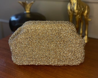 Handmade Crochet Clutch Bag with Metallic Raffia, Luxury Formal Event Gold Color Purse, Cloud Bag, Woven Clutch