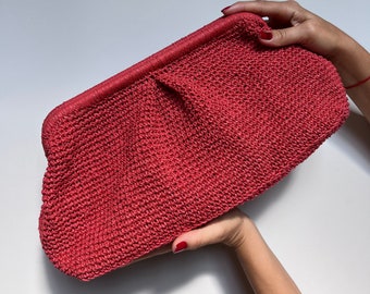 Raffia  Clutch Bag, Red Cloud Bag, Voluminous Clutch Bag, Boho Bag, Pouch Bag, Woven Clutch, Straw Bag, Mother's Day Gift