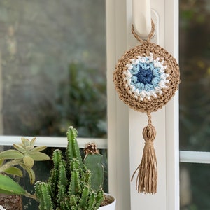 Raffia Wall Hanging, Wall Decor,Protection Wreath,Good Energy,Wall Hanging,Door Hanging,Evil Eye Door, Raffia Hanging, crochet  Wall