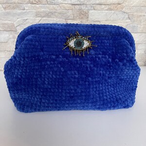 Crochet Pouch Bag, Dumpling  Knitted Cloud Clutch, Woven Purse with Evil Eye Brooch