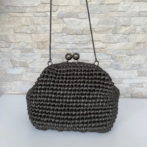 Black Metallic Raffia Clutch Bag, Cloud Bag, Black Clutch Bag, Knitted Pouch Bag, Mother's Day Gift