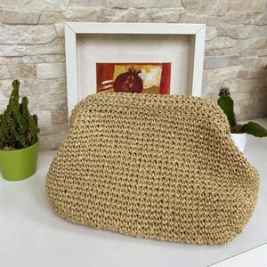 Handgemaakte raffia-clutch, gehaakte boho-zomertas, natuurlijk geweven gehaakte avondtasje